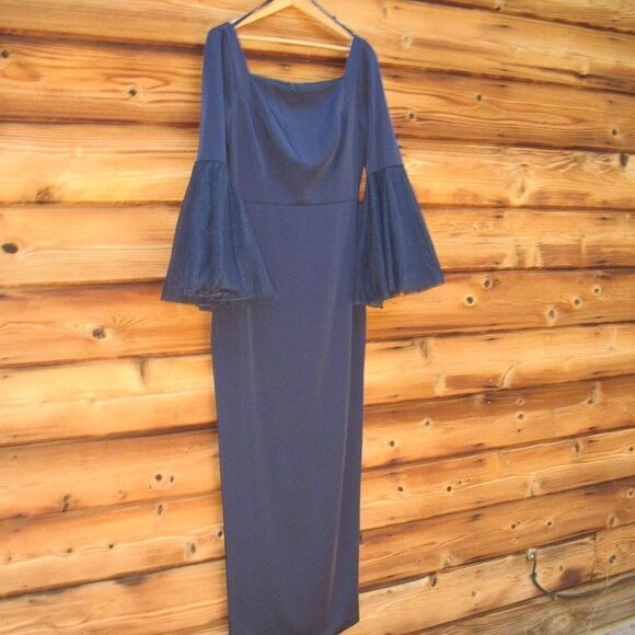 MAC DUGGAL 11233 Womens Navy Flounce Sleeve Square Neck Column Gown - Picture 6 of 12